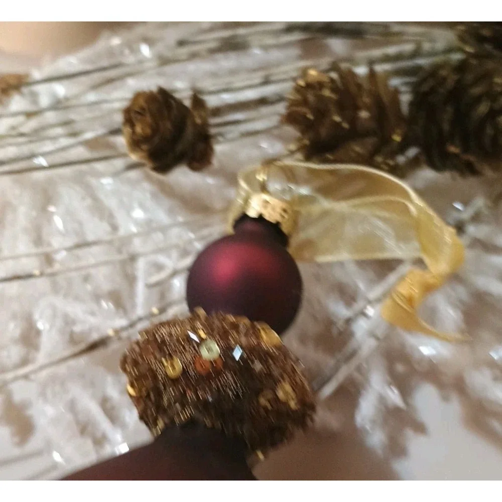 Pair Of Frontgate Glass Ornament Glitter Beaded Maroon‎ & Gold Finial Shape
